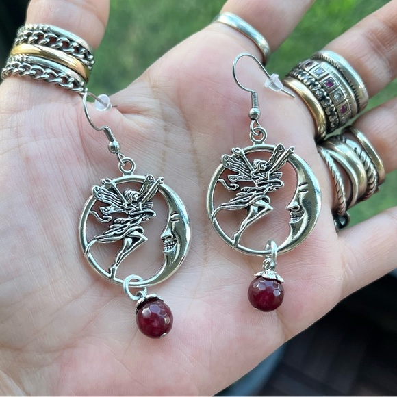 Set ! Fairy moon red garnet gemstones beads necklace + matching earrings boho - Picture 8 of 10